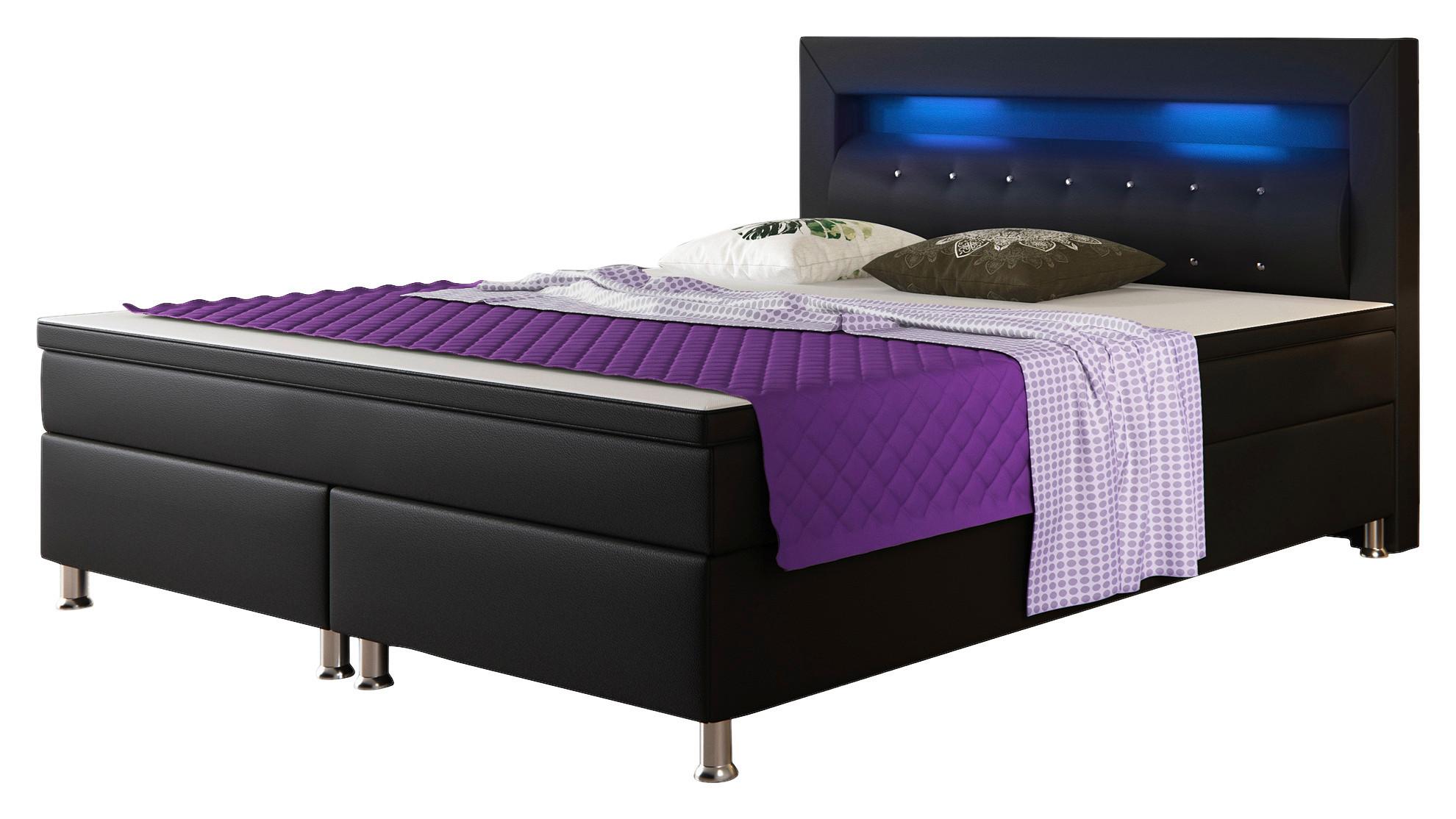 Boxspringbett Mit Topper & Beleuchtung 180x200 Monaco-F - Silberfarben/Schwarz, KONVENTIONELL, Leder/Textil (180/115/210cm) - MID.YOU