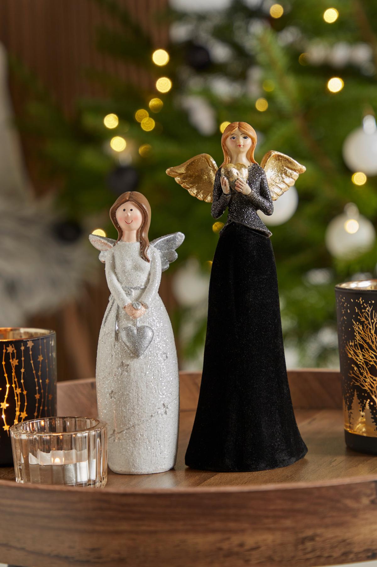 Weihnachtsdeko Engel Stein Stehend, H: ca. 17 cm - Silberfarben/Creme, KONVENTIONELL, Stein (6/4,5/16,5cm) - Luca Bessoni