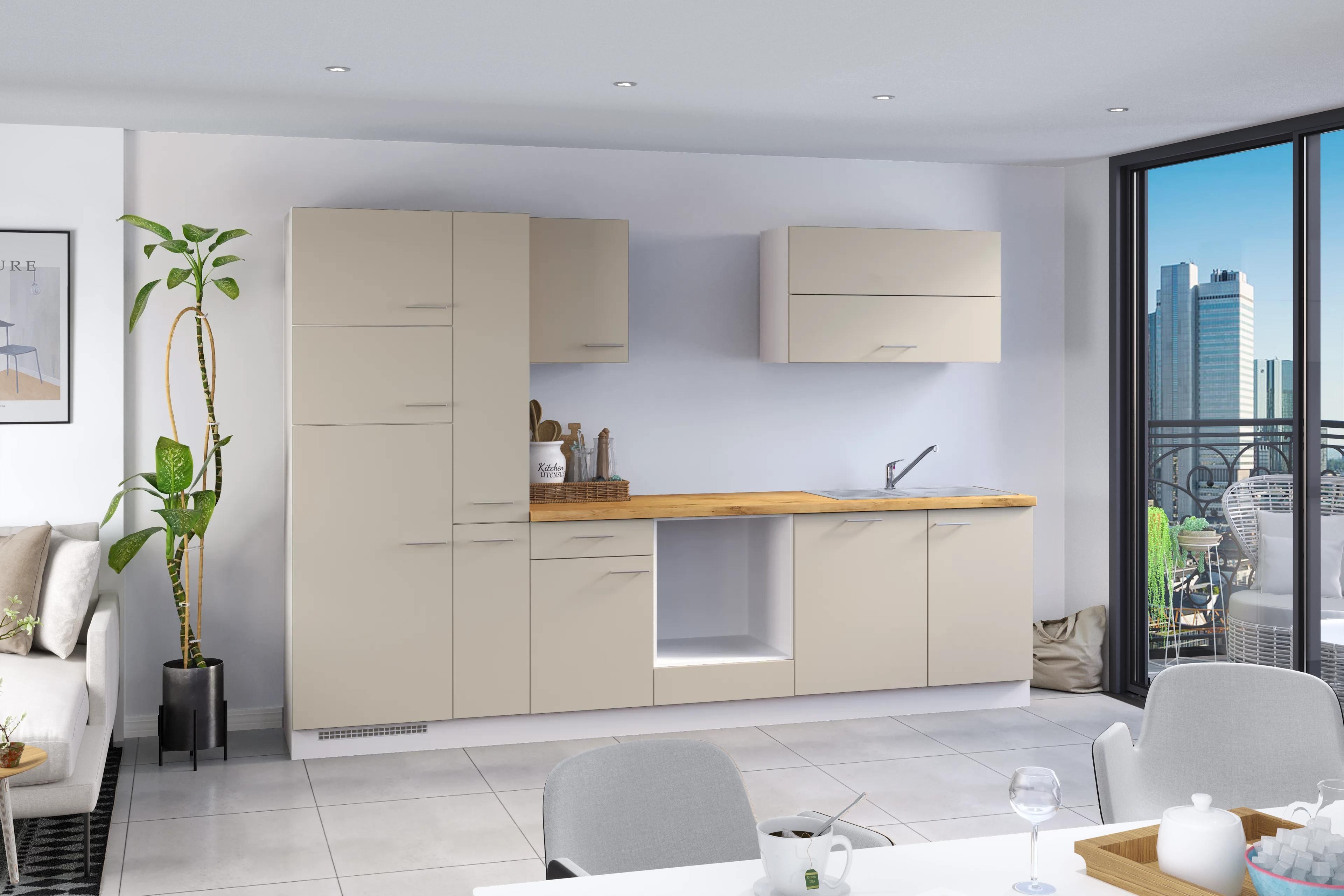 Küchenzeile Ip1200 Ohne Geräte 310 Cm Kieselgrau - Eichefarben/Creme, Basics, Holzwerkstoff (310cm)