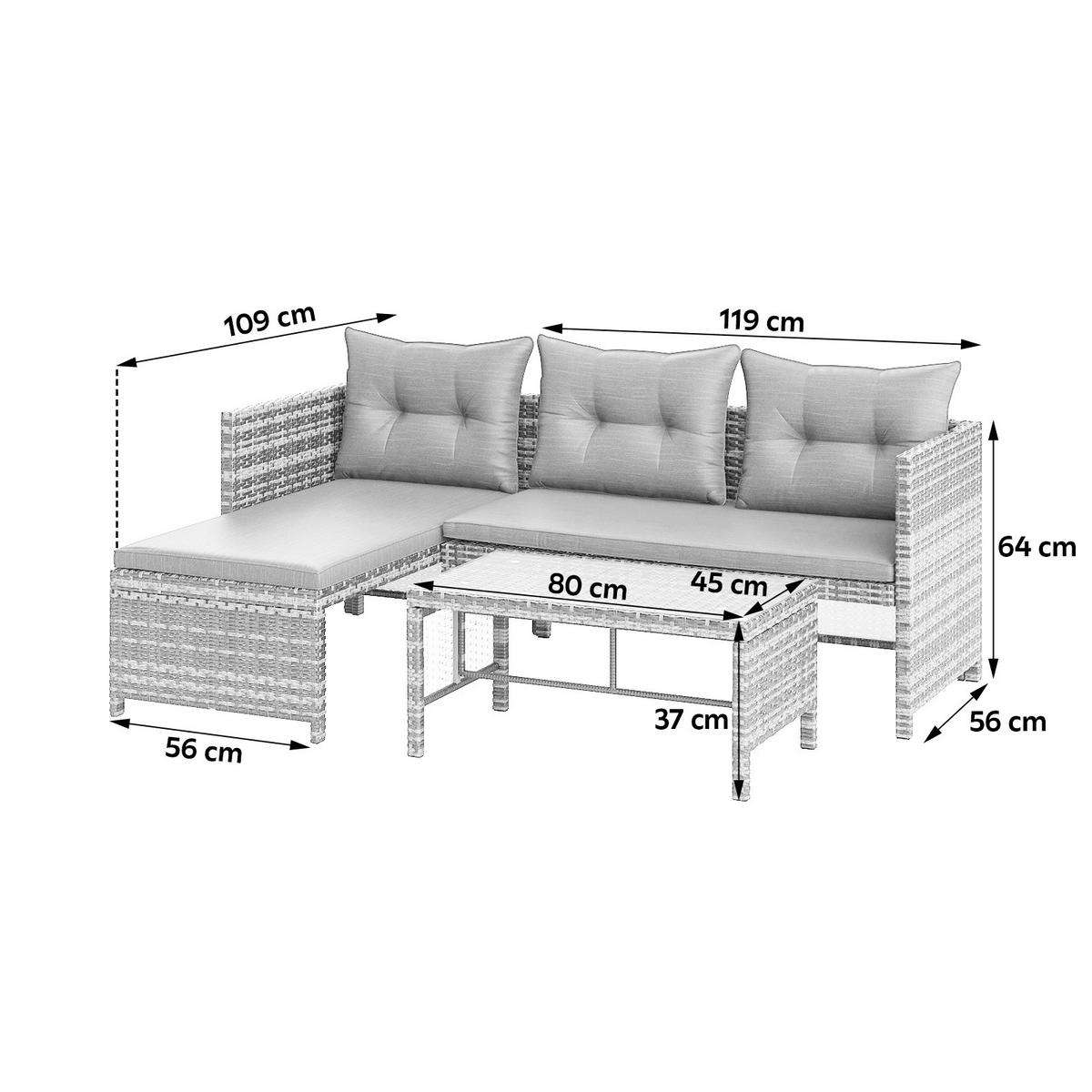 Loungegarnitur 3-Tlg. Vegas Polyrattan/Stahl mit Kissen - Graubraun/Schwarz, MODERN, Glas/Kunststoff - Luca Bessoni