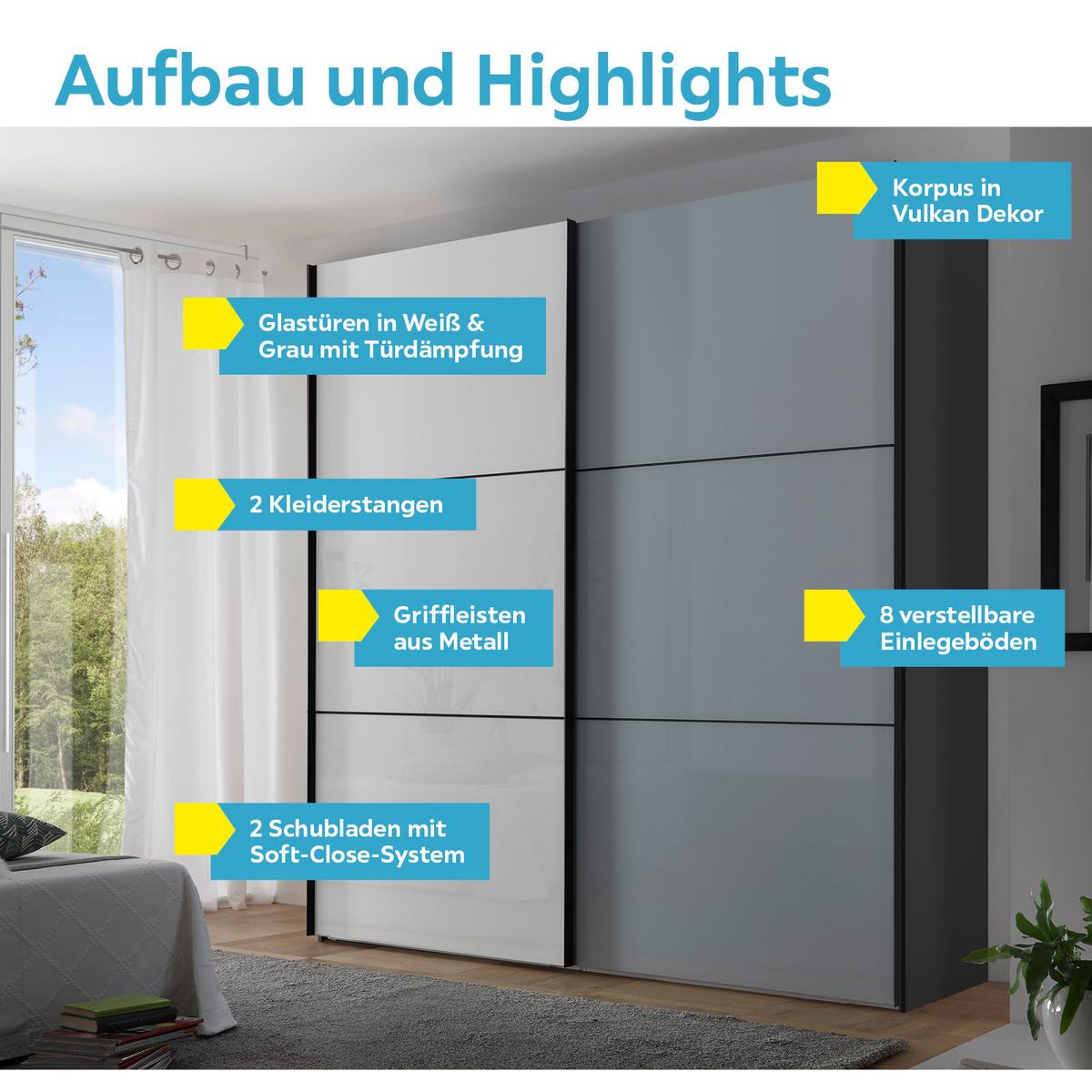 Schwebetürenschrank Glasfront 167 Cm Includo, Hellgrau/weiß - Dunkelgrau/Hellgrau, MODERN, Glas/Holzwerkstoff (167/222/68cm)