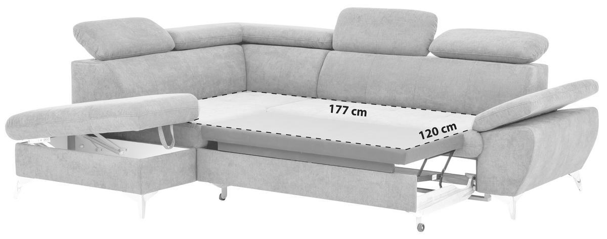 Ecksofa Mit Schlaffunktion Und Bettkasten Gisele Grau - Chromfarben/Hellgrau, KONVENTIONELL, Textil (209/256cm) - Livetastic