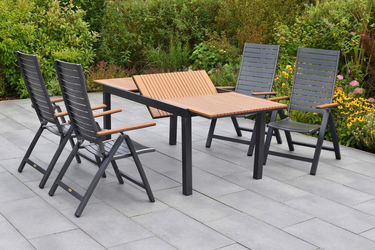 Gartentischgruppe Astros 5 -Teilig. Graphitfarben/Natur - Graphitfarben/Naturfarben, KONVENTIONELL, Kunststoff/Metall - Gardenson