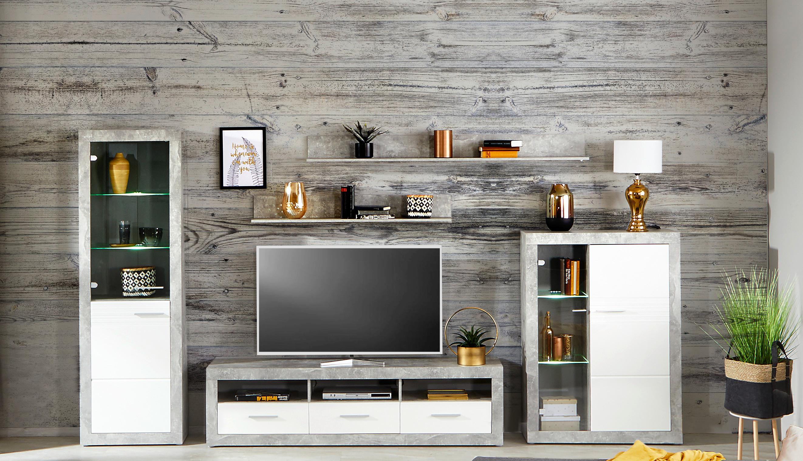 Wohnkombination 5 tlg. mit LED Malta 7, Betonoptik/Weiß