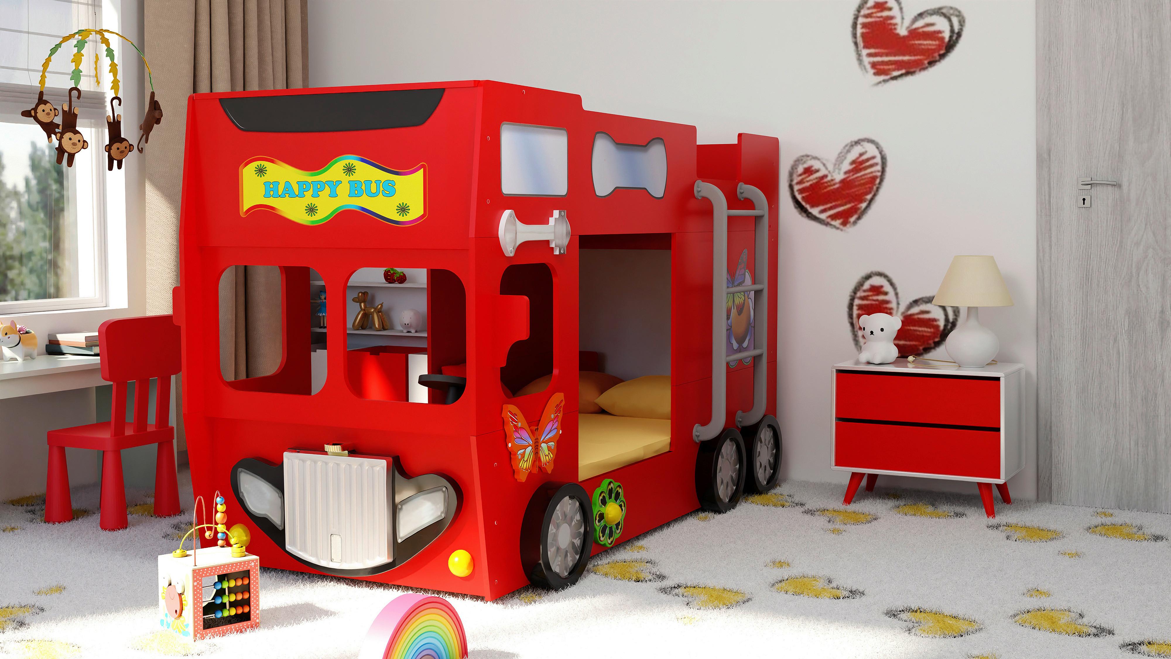 Autobett Happybus Doppeldecker Rot - Rot/Weiß, LIFESTYLE, Holz/Holzwerkstoff (90/190cm) - Livetastic