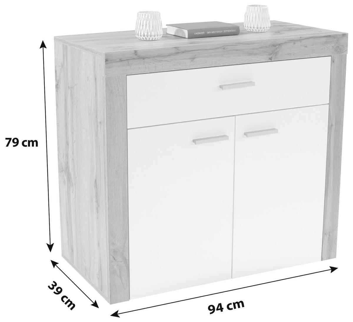 Kommode 94,1cm Focus, Weiß - Eichefarben/Schwarz, MODERN, Holzwerkstoff (94,1/79/39cm)
