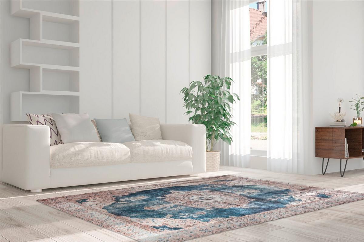 Flachwebteppich Blau, Creme Vintage 8400, BxL: 140x200 cm - Blau/Creme, KONVENTIONELL, Textil (140/200cm)