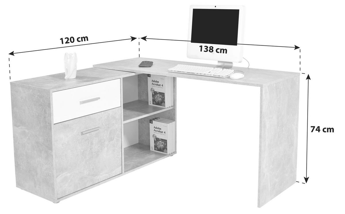 Eckschreibtisch mit Stauraum B 138cm H 74cm Prag, Betonoptik - Weiß/Grau, MODERN, Holzwerkstoff (138/74/50cm)