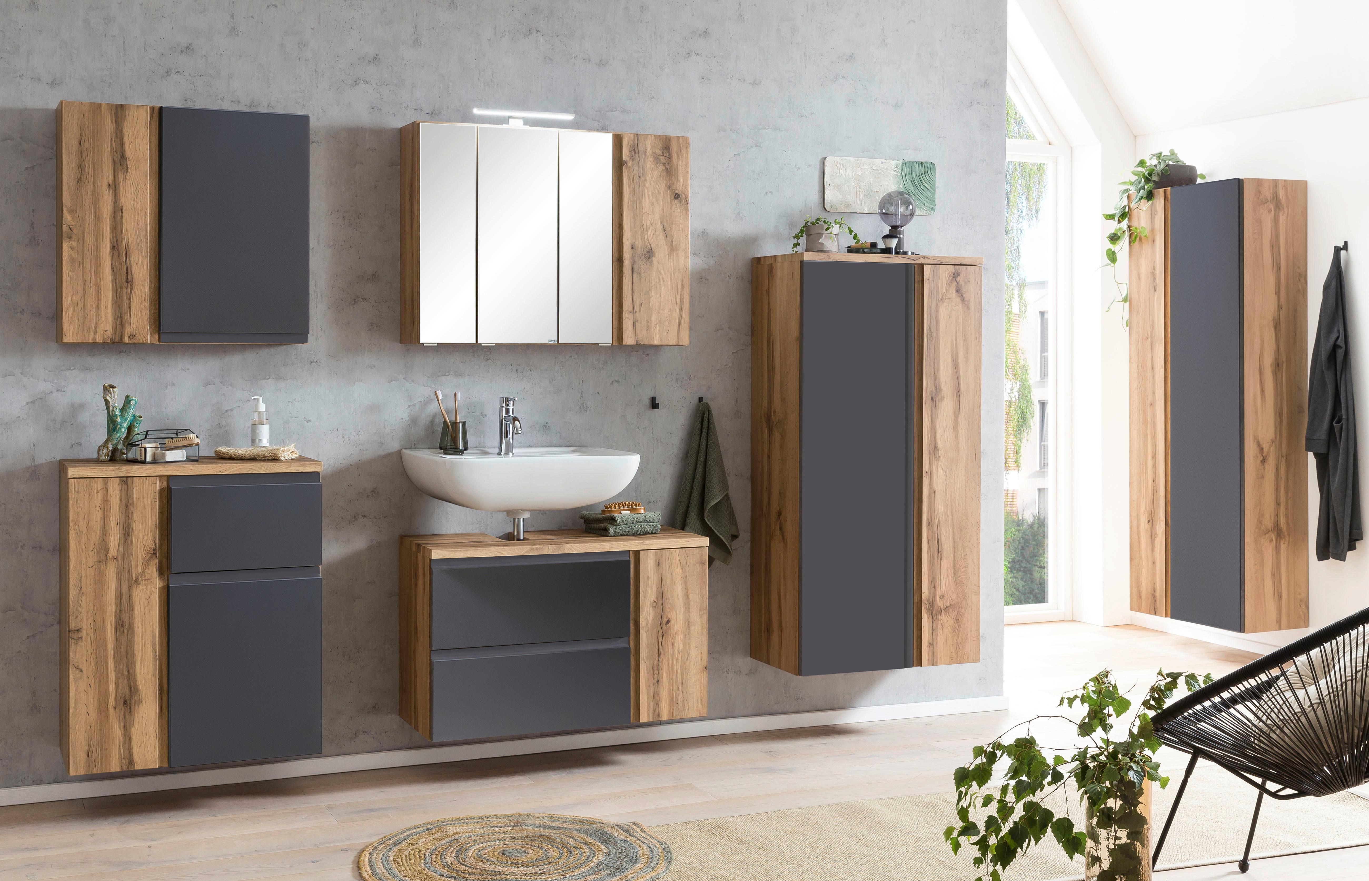 Midischrank Varese B: 65 cm Grau/Eiche Wotan - Eiche Wotan/Grau, MODERN, Holzwerkstoff (65/130/35cm) - Held