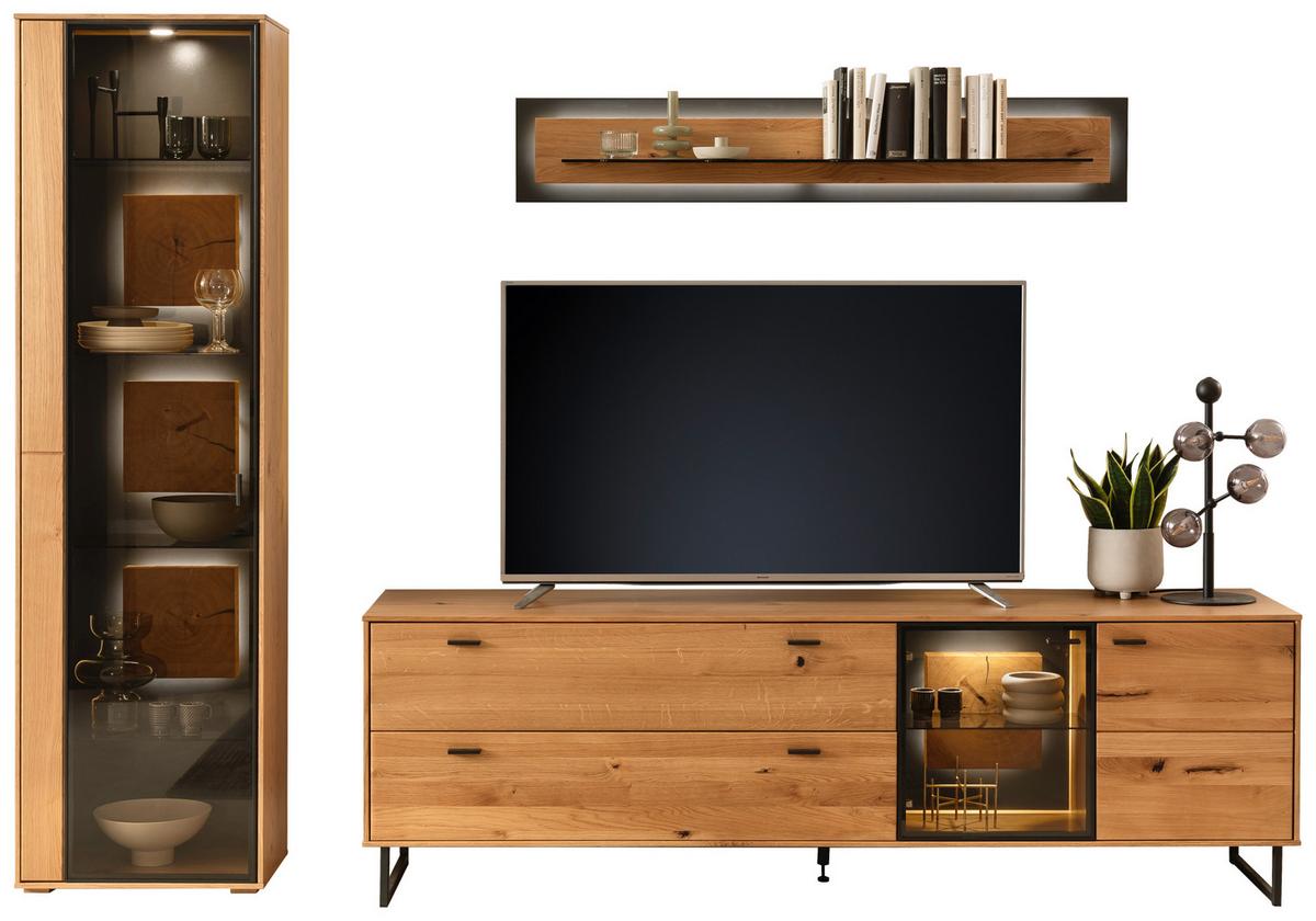 Wohnwand Assini 3-Teilig Wildeiche B: 286 cm - Wildeiche/Schwarz, Design, Glas/Holz (286/206/50cm) - MID.YOU