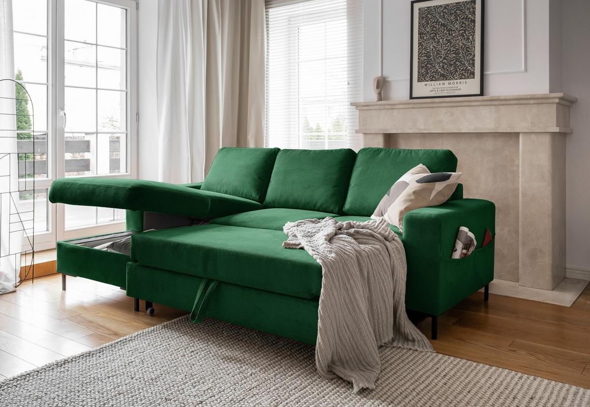 Rohová sedačka LEONIE, levá, smaragdově zelený manšestr - černá/smaragdově zelená, Design, kov/dřevo (148/236cm)