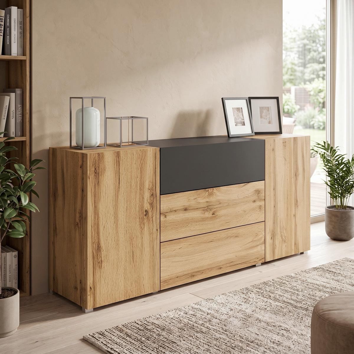 Sideboard Berlin 150 Eiche Wotan/Schwarz B: 150 cm - Eiche Wotan/Schwarz, Design, Holzwerkstoff (150/68/38,5cm) - P & B
