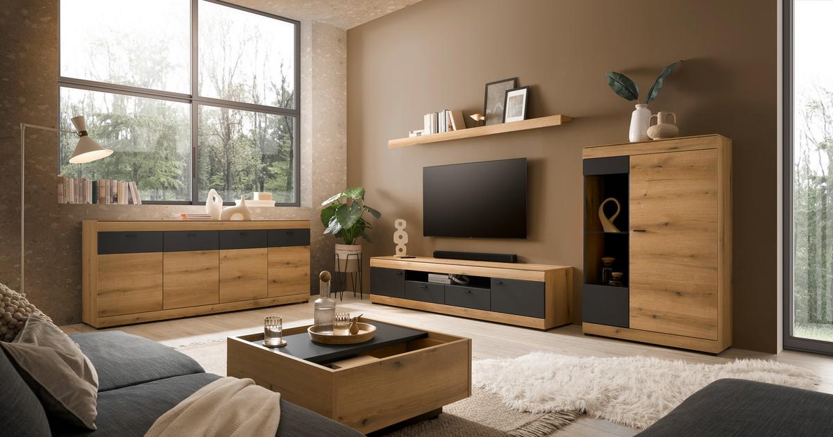 Sideboard Soleto Graphit-/Eichefarben B: 200cm - Eichefarben/Schwarz, Design, Holzwerkstoff (200/87/42cm) - MID.YOU