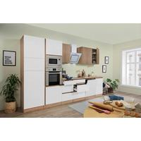 Küchenzeile Premium mit Geräten 345 cm Weiß/Eiche Dekor - Eichefarben/Weiß Hochglanz, Basics, Holzwerkstoff (345cm) - Respekta