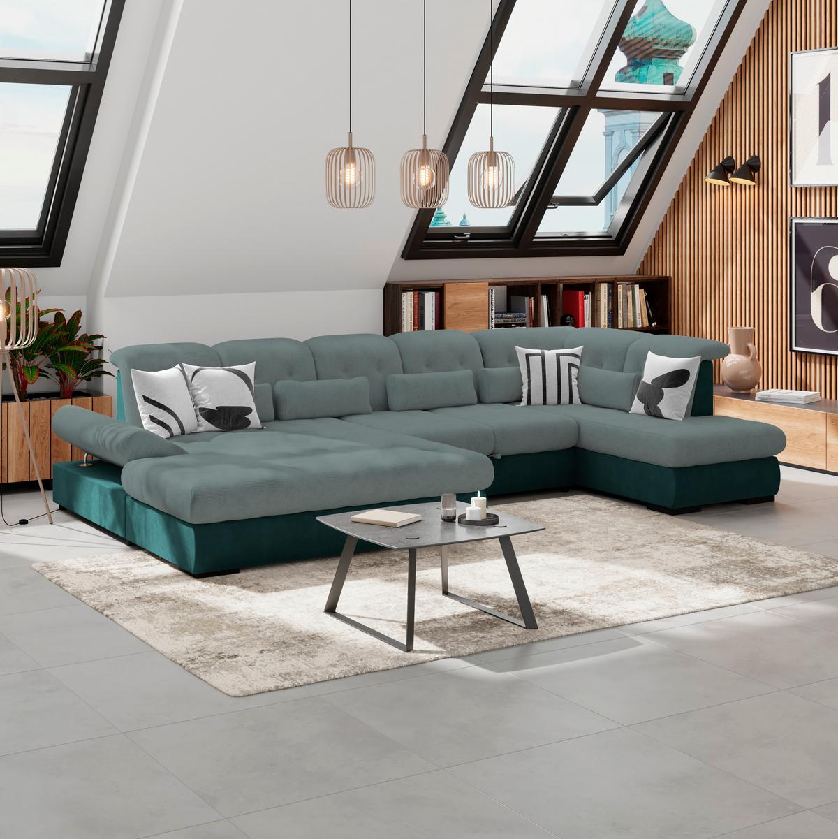 Wohnlandschaft Madera Grün, S: 358x212 Cm - Türkis/Schwarz, KONVENTIONELL, Kunststoff/Textil (190/358/212cm)