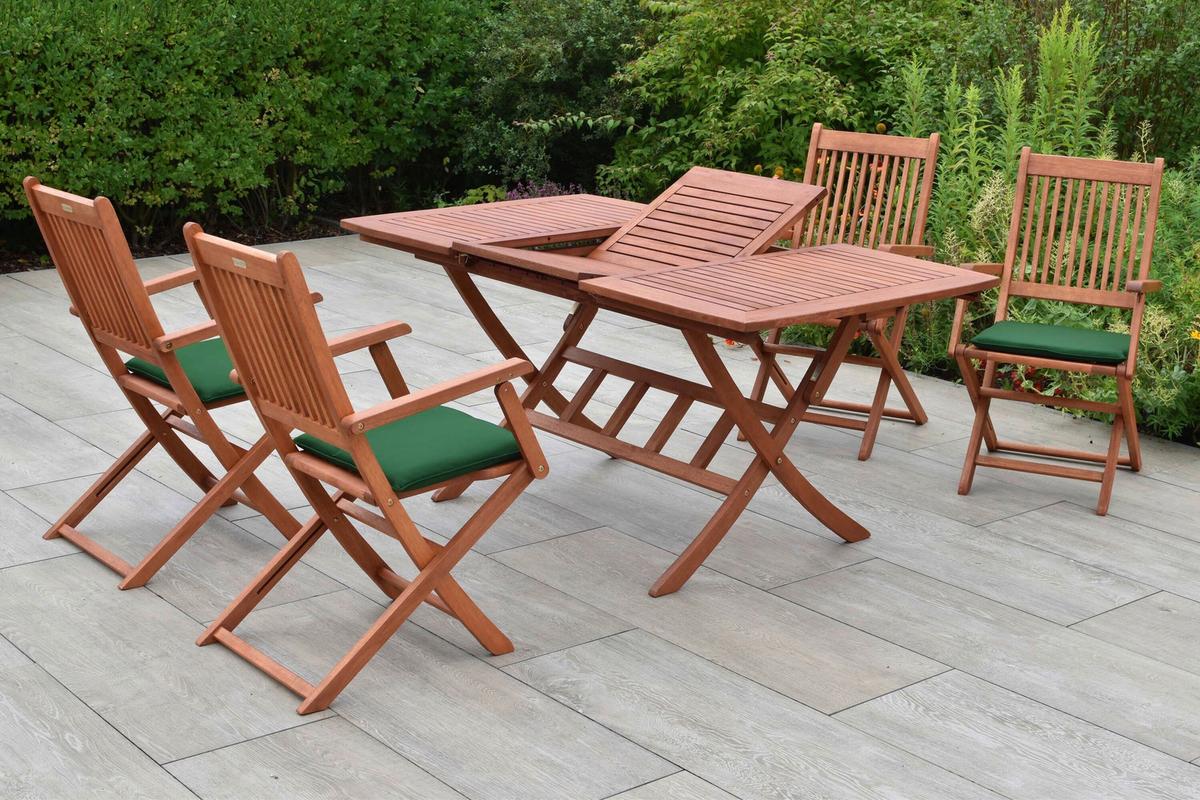 Gartentischgruppe Rio 5 -Teilig. Grün/Naturfarben - Eukalyptusholzfarben/Grün, KONVENTIONELL, Holz/Textil - Gardenson