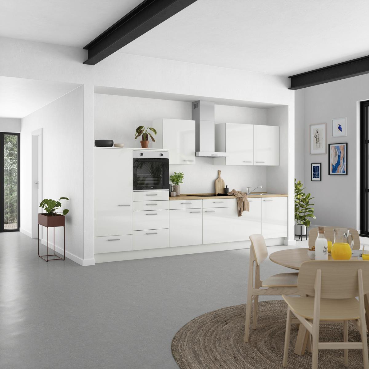 Kuchyňská linka 360 cm, alpská bílá vysoký lesk - barvy dubu/vysoce lesklá bílá, Moderní, kov/kompozitní dřevo (360cm) - Nobilia
