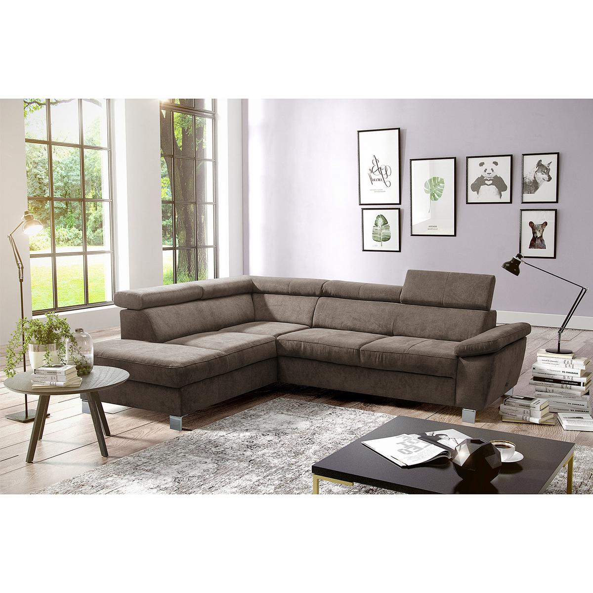 Ecksofa Lugano Mikrofaser Dunkelbraun 208x248 - Chromfarben/Dunkelbraun, Design, Textil (208/248cm) - Livetastic