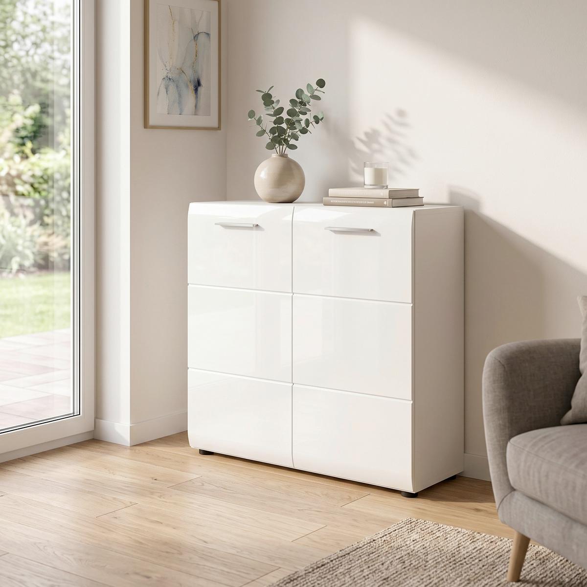 Komód Ice - fehér/magasfényű fehér, Design, faalapú anyag (80/81/34cm) - Livetastic