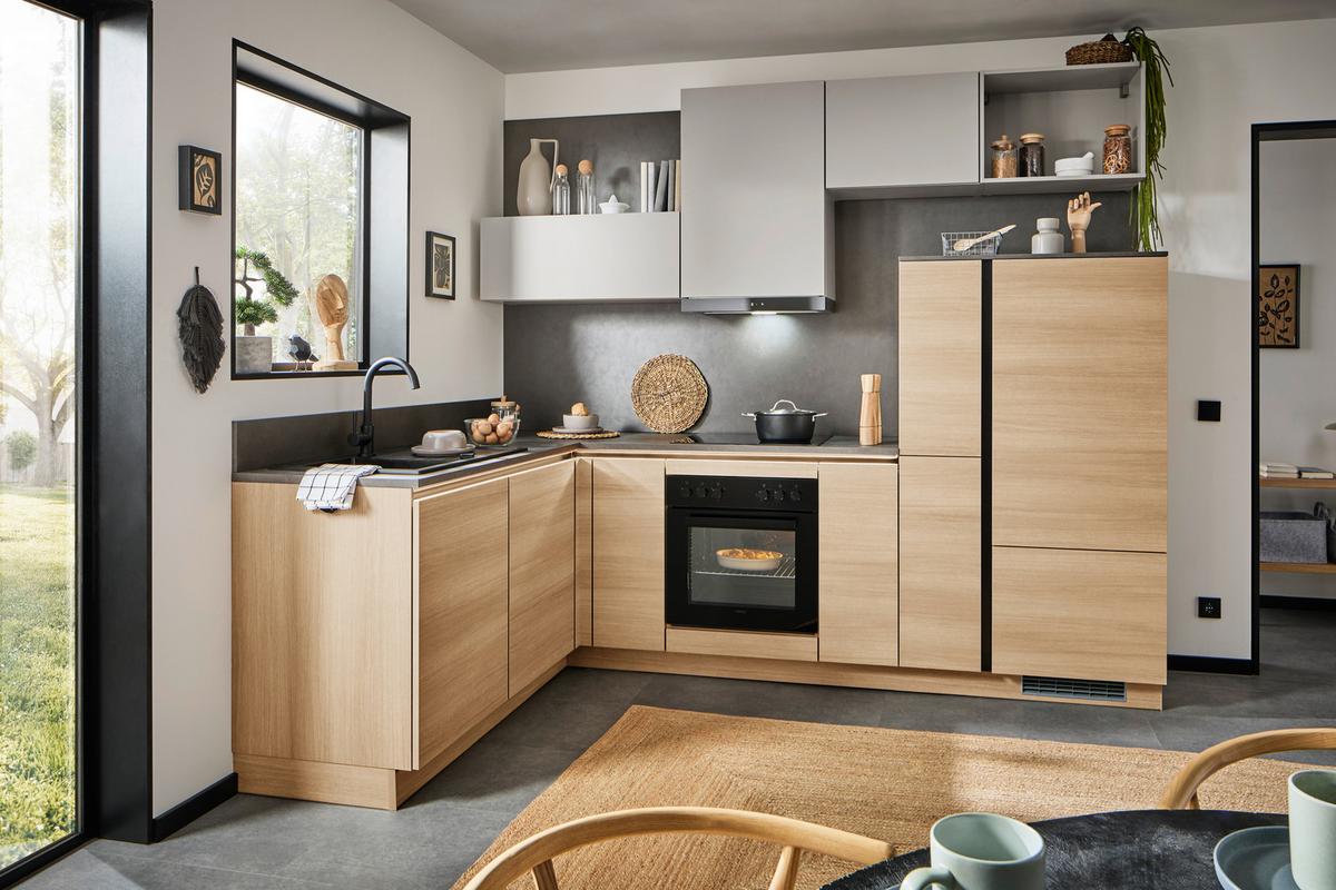 Eckküche Ip2200/ip3150 - Eichefarben/Hellgrau, Design, Holzwerkstoff (185/278cm) - Impuls
