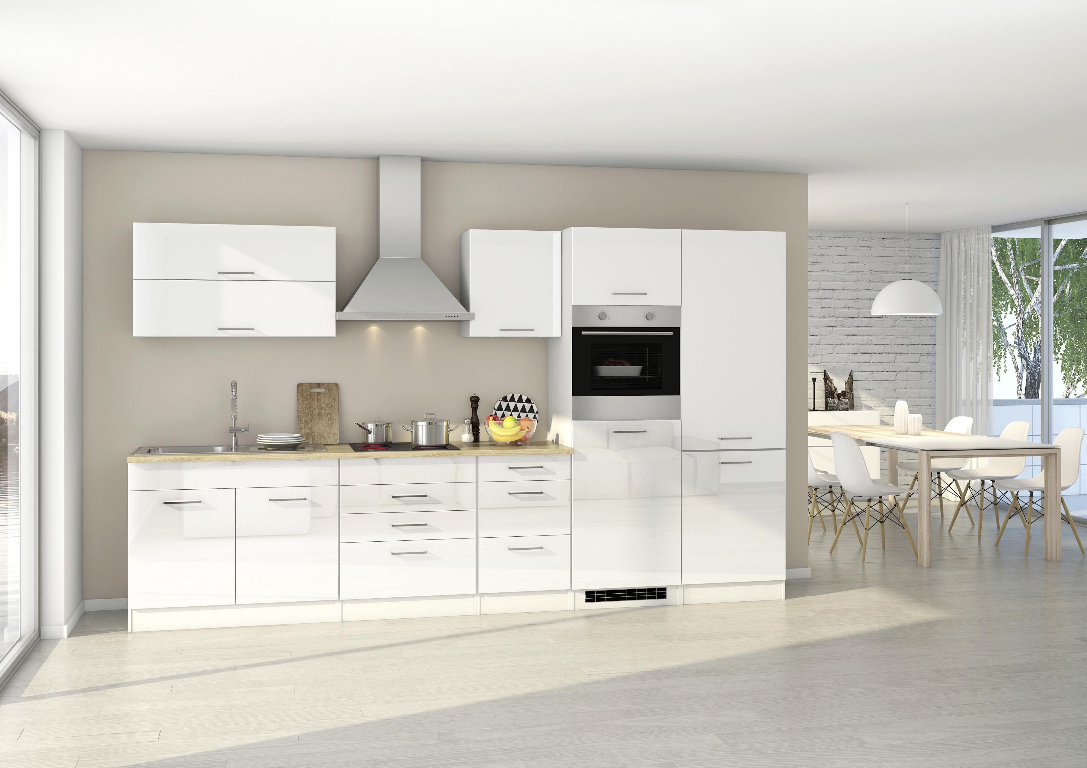 Küchenzeile Mailand mit Geräten 350 cm Weiß Hochglanz - Weiß, Basics, Holzwerkstoff (350cm) - MID.YOU