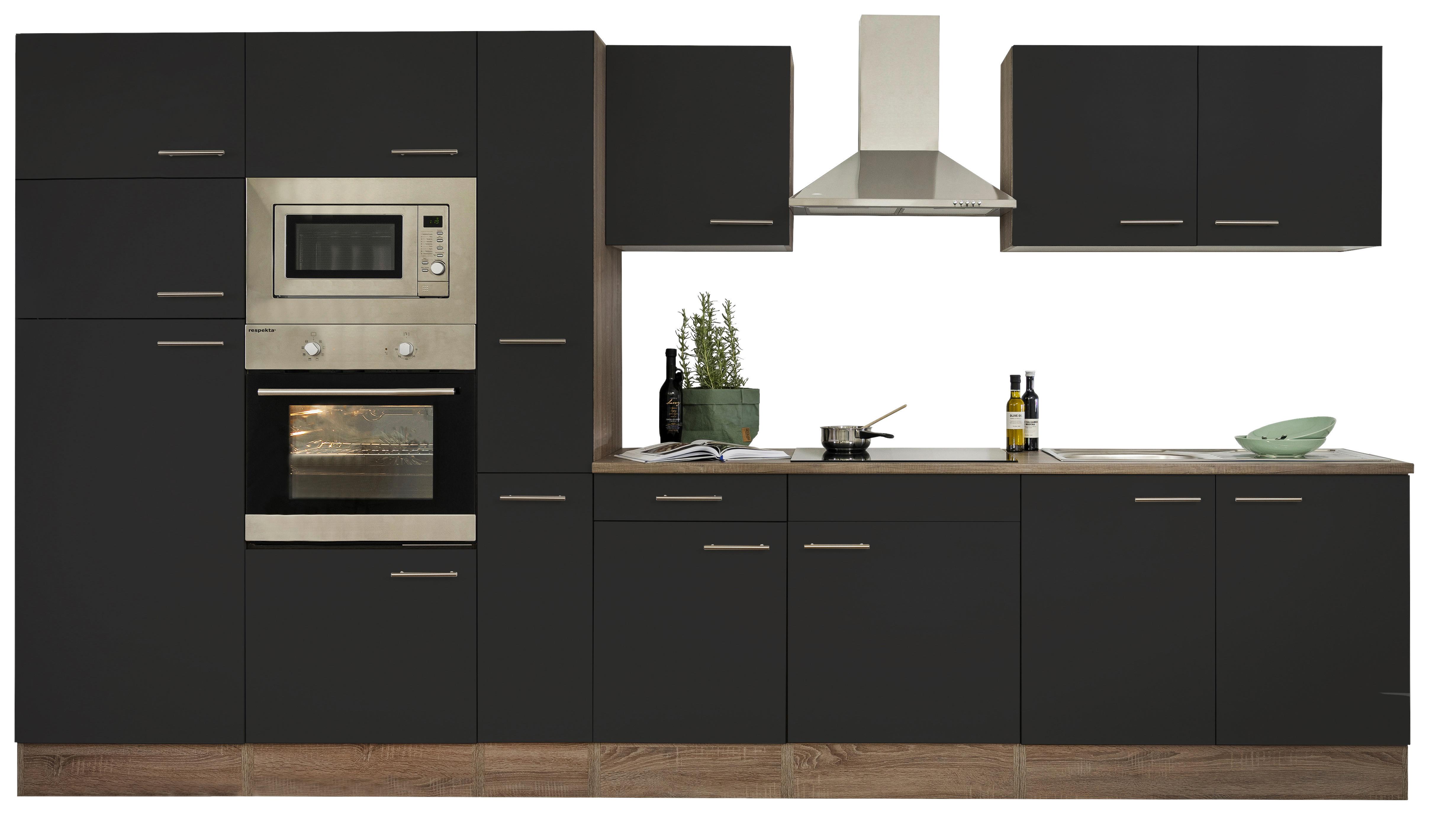 Küchenzeile mit Geräten B: 360 cm Schwarz/Eiche Dekor - Eichefarben/Schwarz, MODERN, Holzwerkstoff (360cm) - Respekta