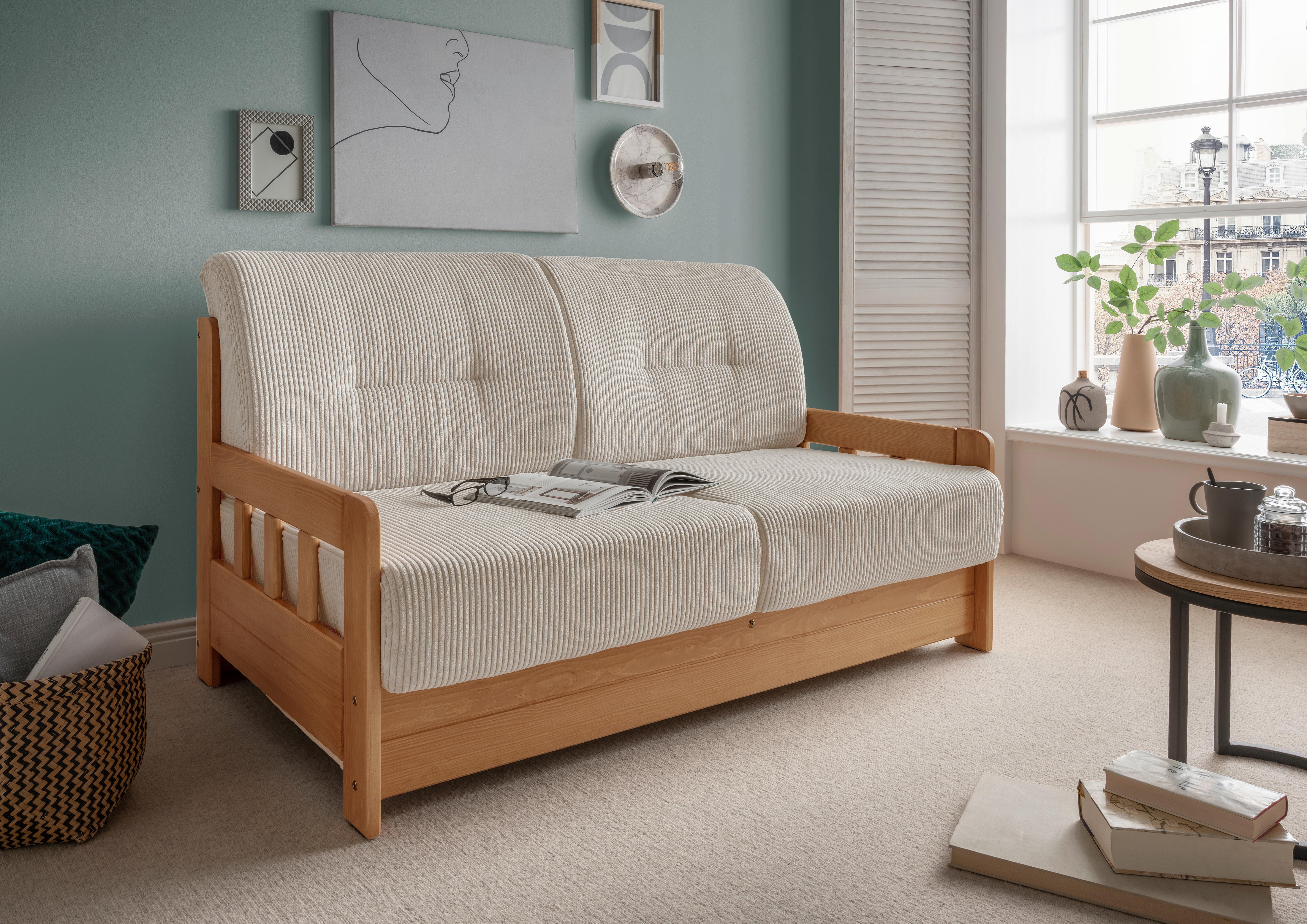 2-Sitzer-Sofa Mit Schlaffunktion Camino B:154 cm - Beige/Kieferfarben, MODERN, Holz/Textil (154/88/90cm) - Livetastic
