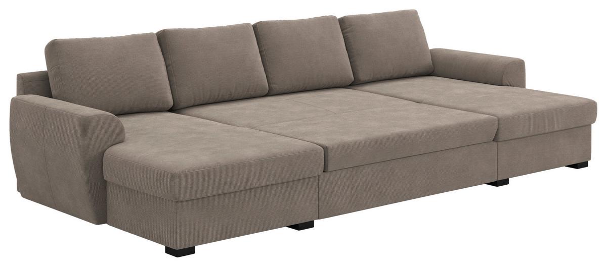 Wohnlandschaft m. Bettfunktion Cord taupe, B:327cm - Taupe/Schwarz, Trend, Textil (154/327/86cm) - MID.YOU
