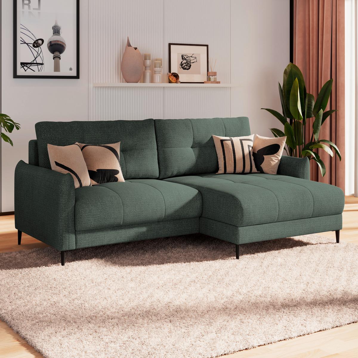 Ecksofa Polis Webstoff dunkelgrün, 221x142cm - Dunkelgrün/Schwarz, Trend, Textil (221/142cm) - Ondega