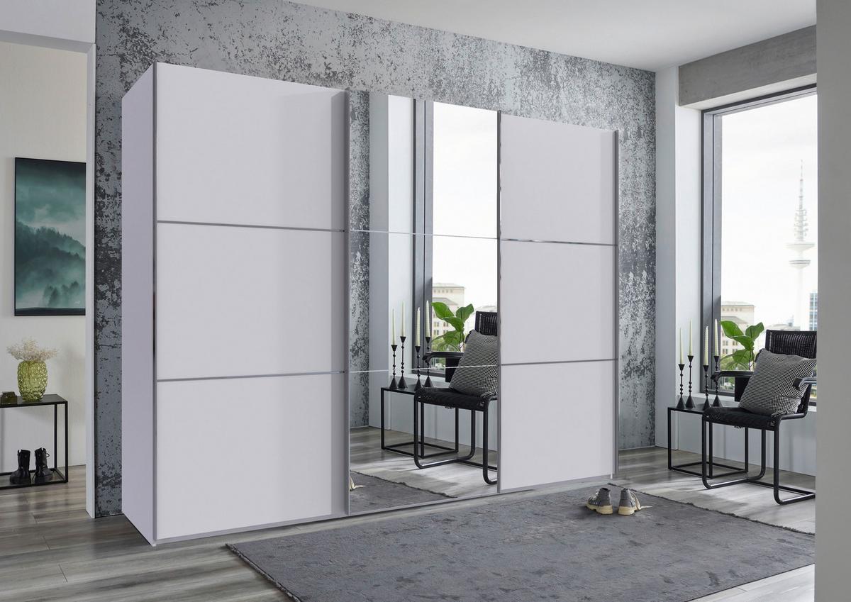 Schwebetürenschrank Indian A Weiß Dekor/spiegel, B: 300cm - Weiß, KONVENTIONELL, Glas/Holzwerkstoff (300/216/65cm)