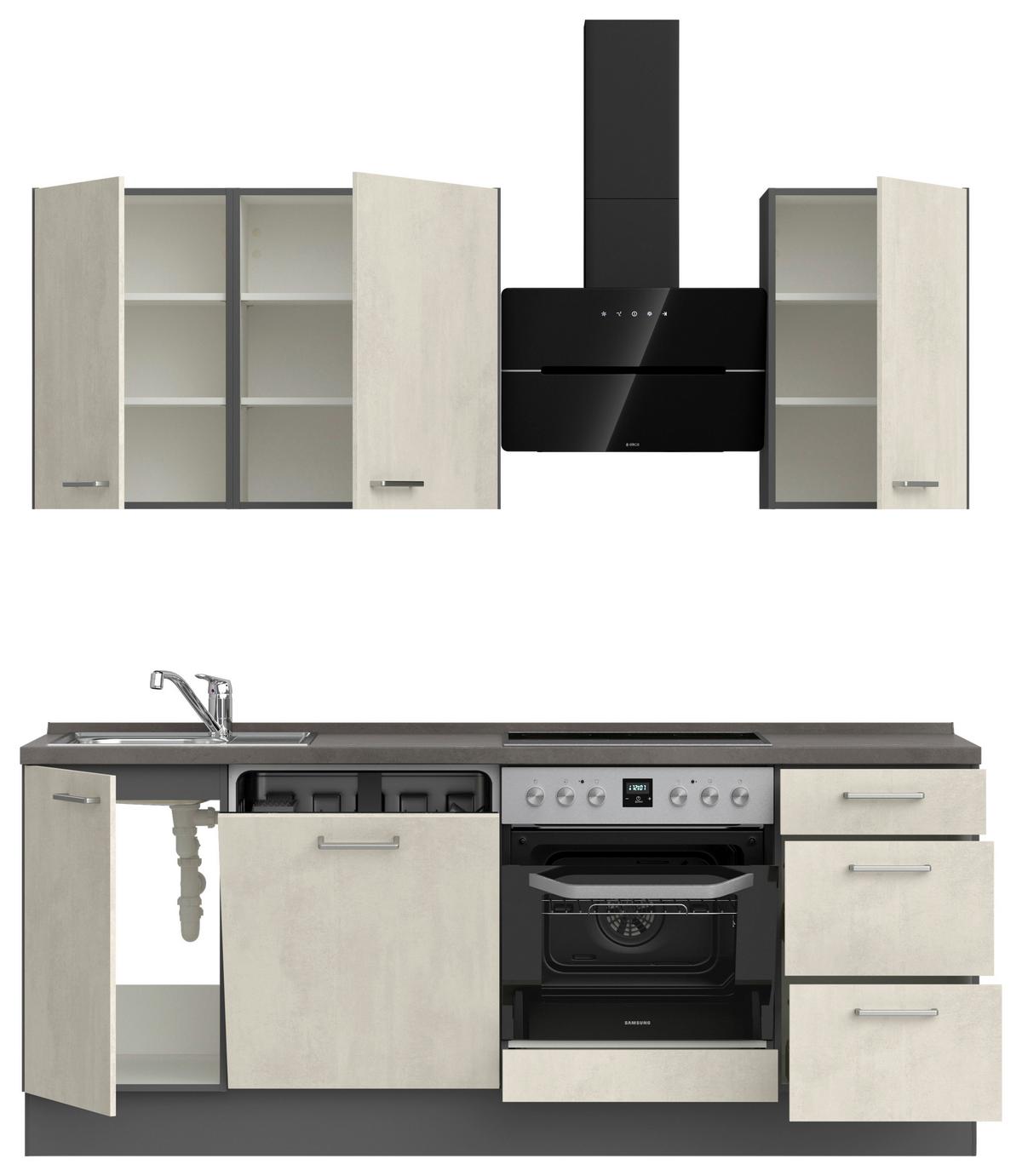 Kuchynská linka 210CM biely betón/ bridlicová šedá - biela/farba ušľachtilej ocele, Modern, kov/kompozitné drevo (210cm) - Nobilia