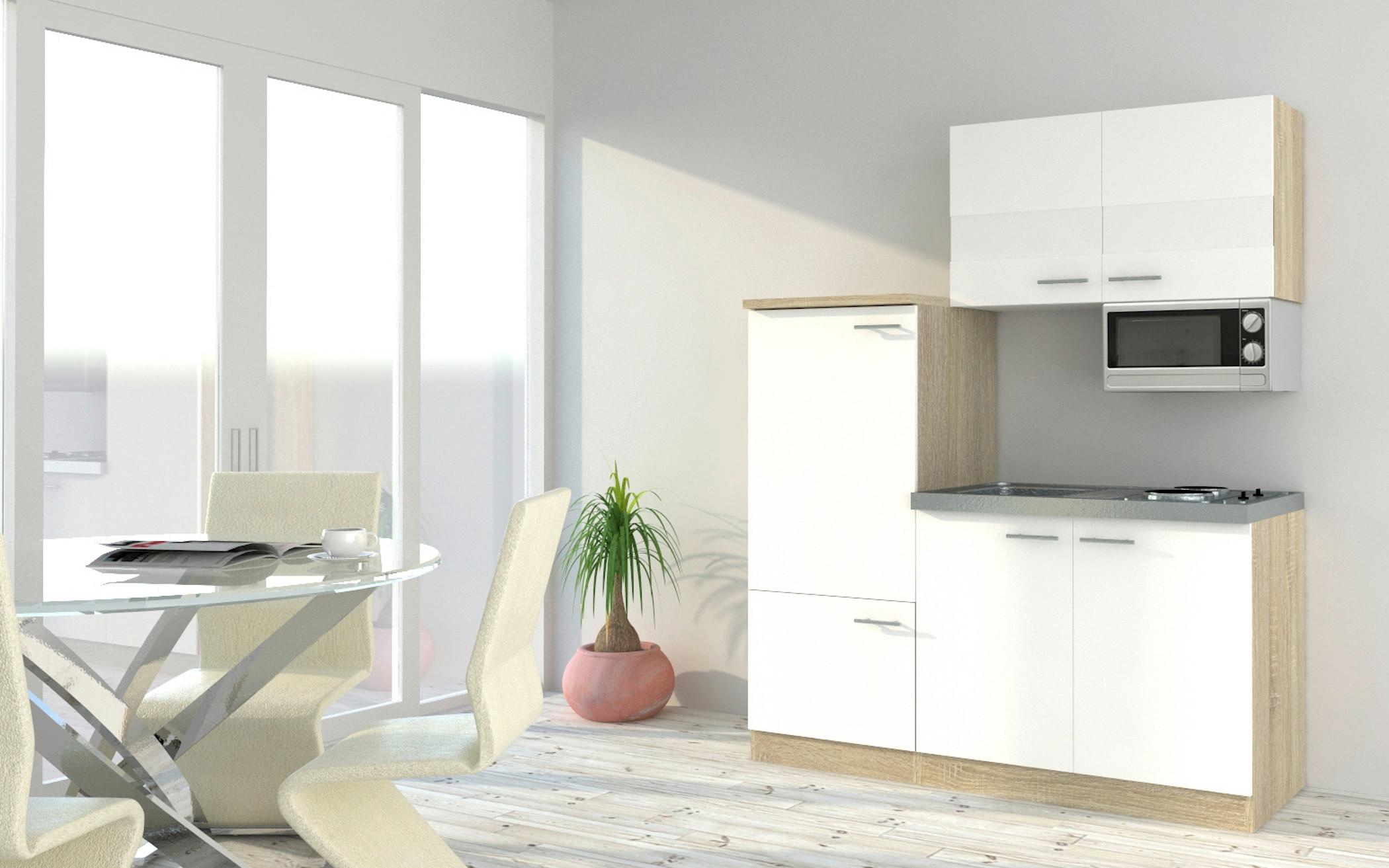 Miniküche m. Kühlschrank + Kochfeld 160 cm Weiß/Eiche - Edelstahlfarben/Eichefarben, Basics, Holzwerkstoff/Metall (160cm) - Respekta