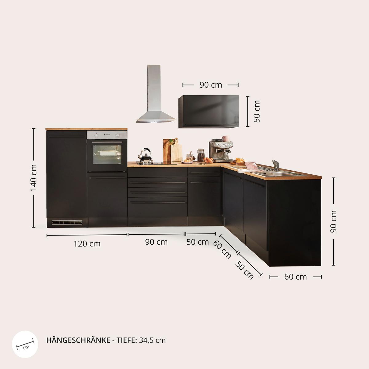Eckküche Jazz 4 Mit Geräten 320x175 Cm Schwarz/eiche Dekor - Eichefarben/Schwarz, Basics, Holzwerkstoff (320/175cm) - MID.YOU