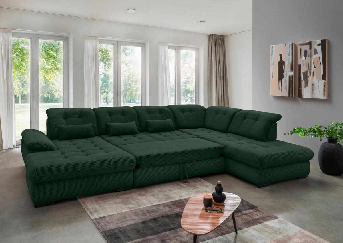 Wohnlandschaft Mit Bettkasten Rigatti Dunkelgrün B: 387 Cm - Dunkelgrün/Schwarz, MODERN, Textil (184/387/252cm) - Livetastic