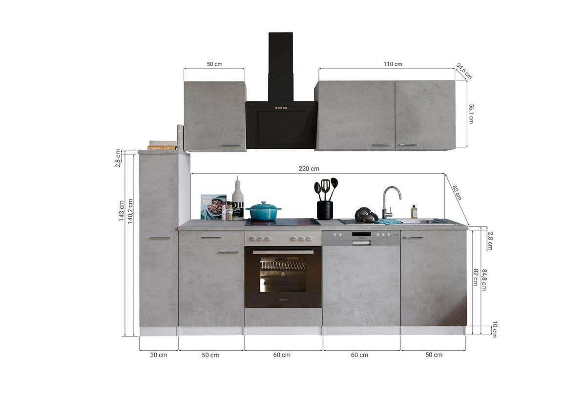 Küchenblock Malia B: 250 cm Grau, mit Geräte - Weiß/Grau, Basics, Holzwerkstoff (250cm) - Respekta