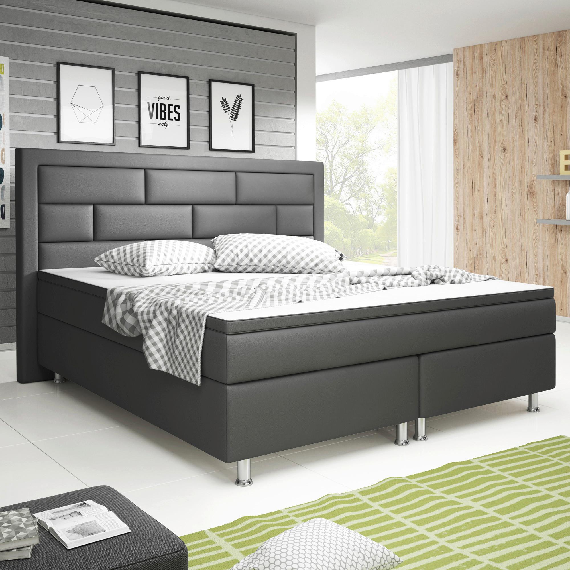 Boxspringbett Mit Topper Lederlook 180x200 Nizza - Anthrazit/Silberfarben, KONVENTIONELL, Textil (180/200cm) - MID.YOU