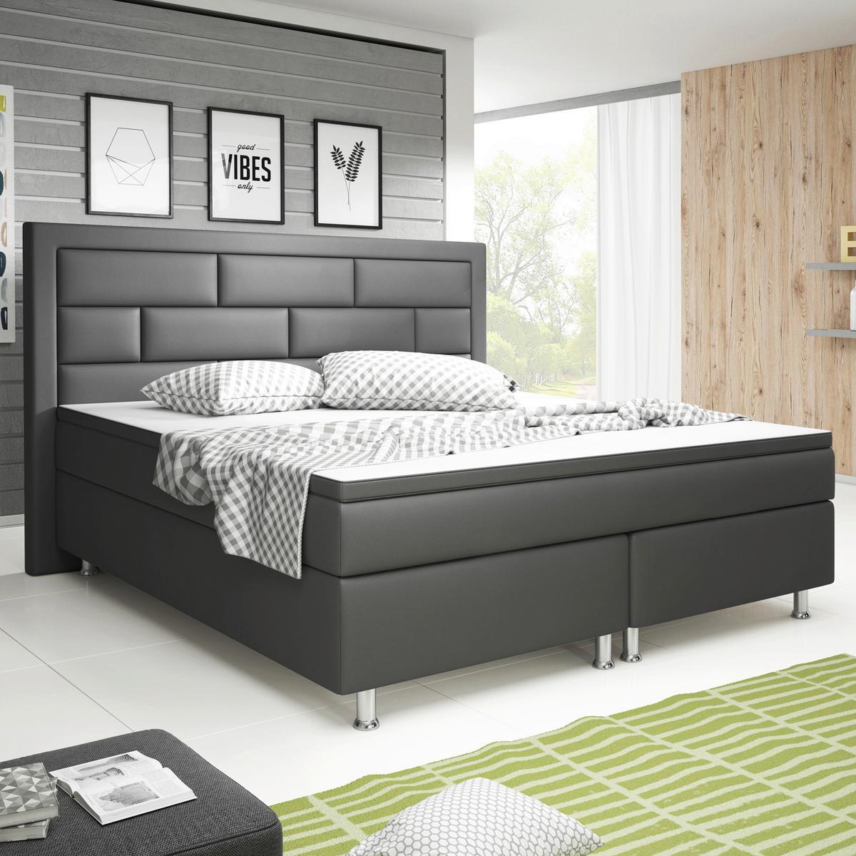 Boxspringbett Mit Topper Lederlook 180x200 Nizza - Anthrazit/Silberfarben, KONVENTIONELL, Textil (180/200cm) - MID.YOU