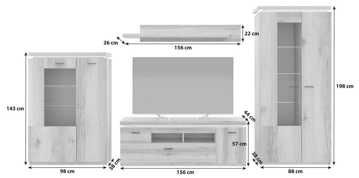 Wohnkombination Modern 4-tlg. Mit Led Vancouver Eiche Dekor - Eichefarben, MODERN, Glas/Holzwerkstoff (342/198/44cm)