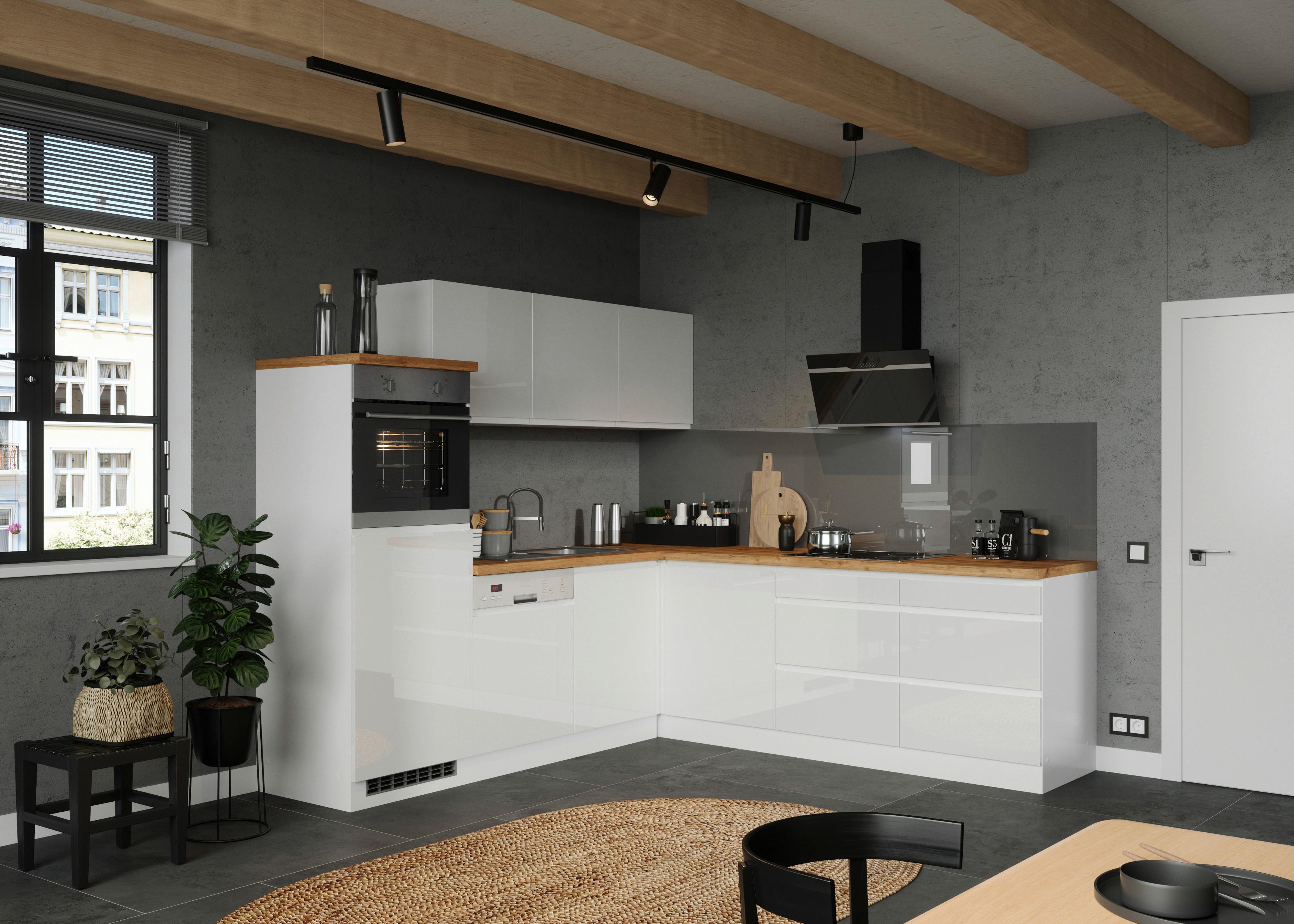 Eckküche Monza mit Geräten 240x240 cm Weiß/Eiche Dekor - Weiß Hochglanz/Eiche Wotan, LIFESTYLE, Holzwerkstoff (240/240cm) - Held