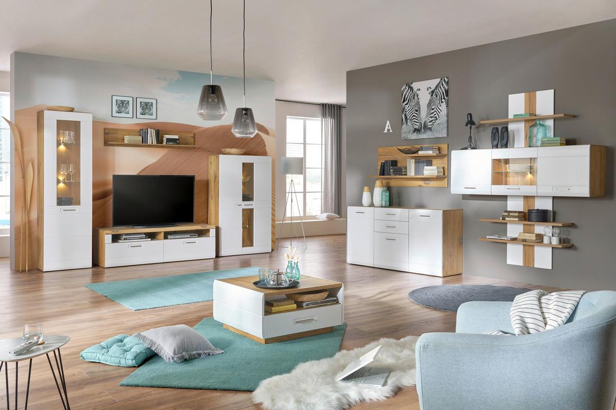 Wohnkombination 5-Tlg. Auris, Weiß/Eiche Dekor - Eichefarben/Weiß, MODERN, Glas/Holzwerkstoff (326,4/204,2/49,6cm) - Luca Bessoni