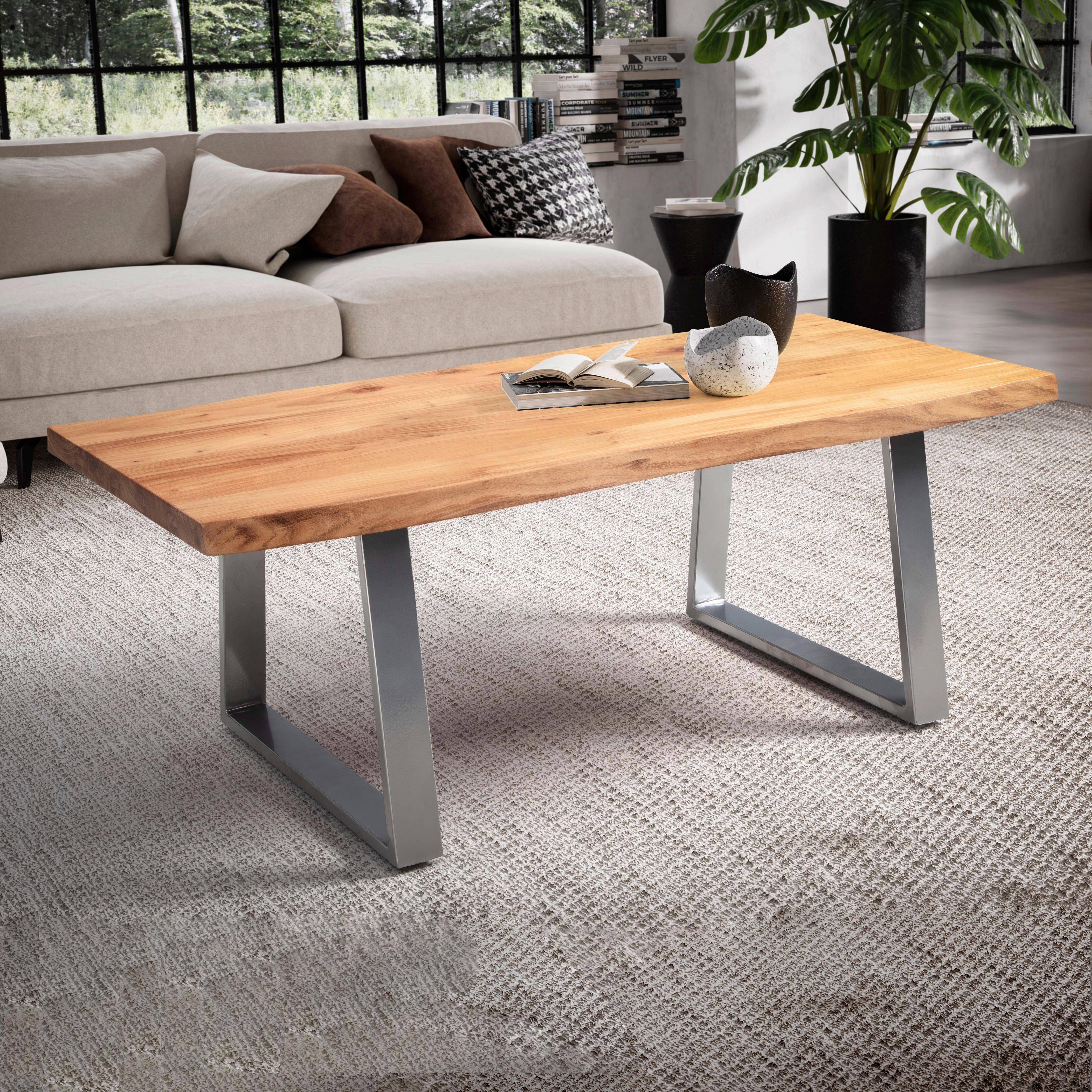 Couchtisch Couchtisch - Chromfarben/Akaziefarben, Design, Holz/Metall (120/60/46cm) - MID.YOU