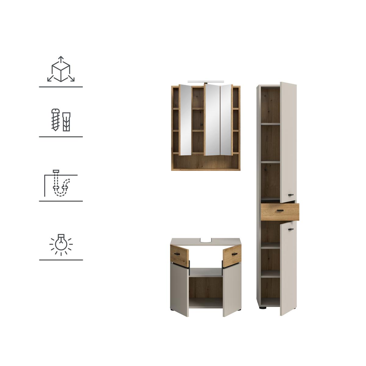 Badezimmer Aqua Kaschmir/Eichefarben B: 92cm - Kaschmir/Eichefarben, Trend, Glas/Holzwerkstoff (92cm) - MID.YOU