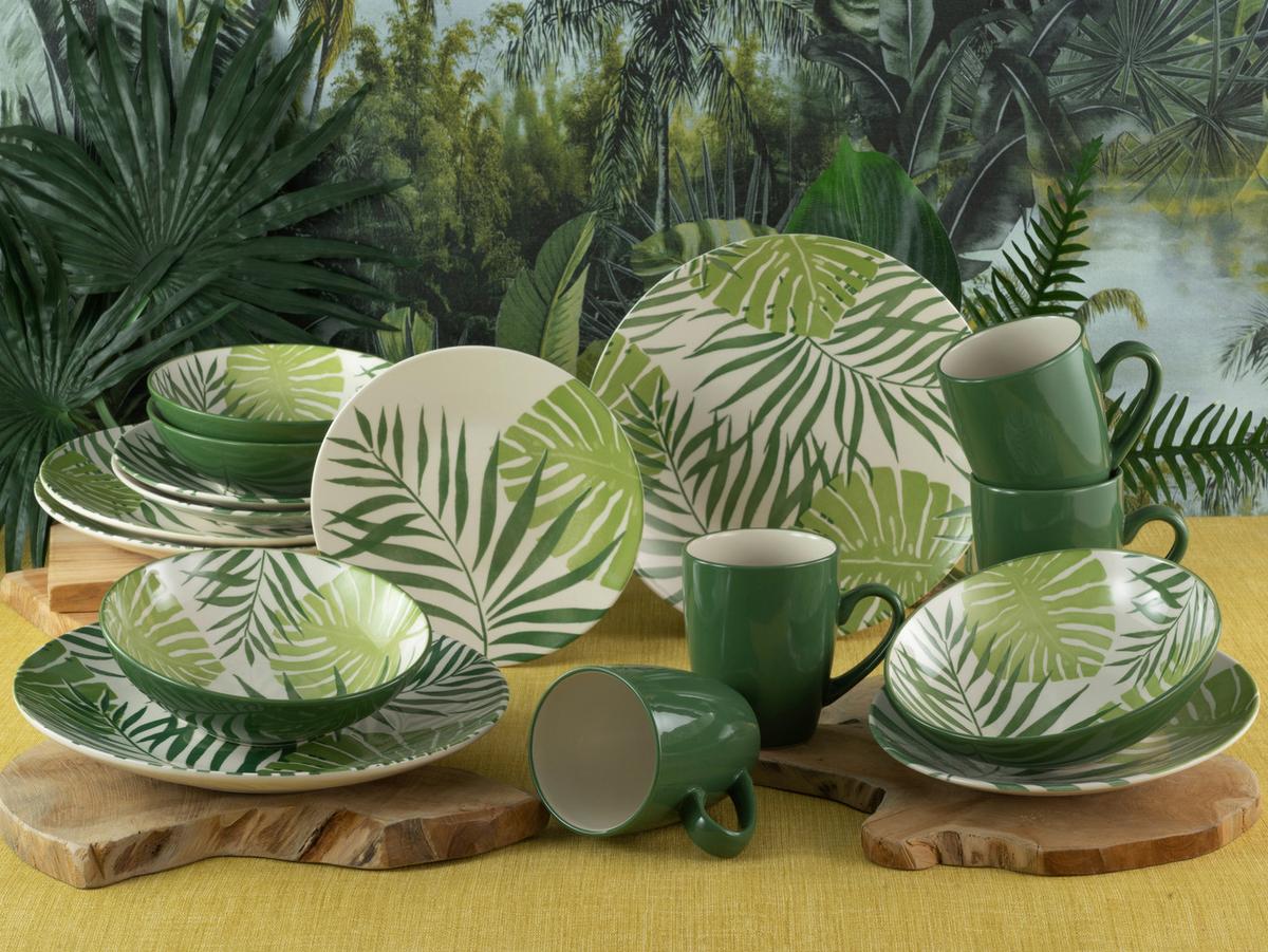 Kombiservice Aus Keramik, 4 Personen, Geschirr Set - Weiß/Grün, Basics, Keramik - Creatable