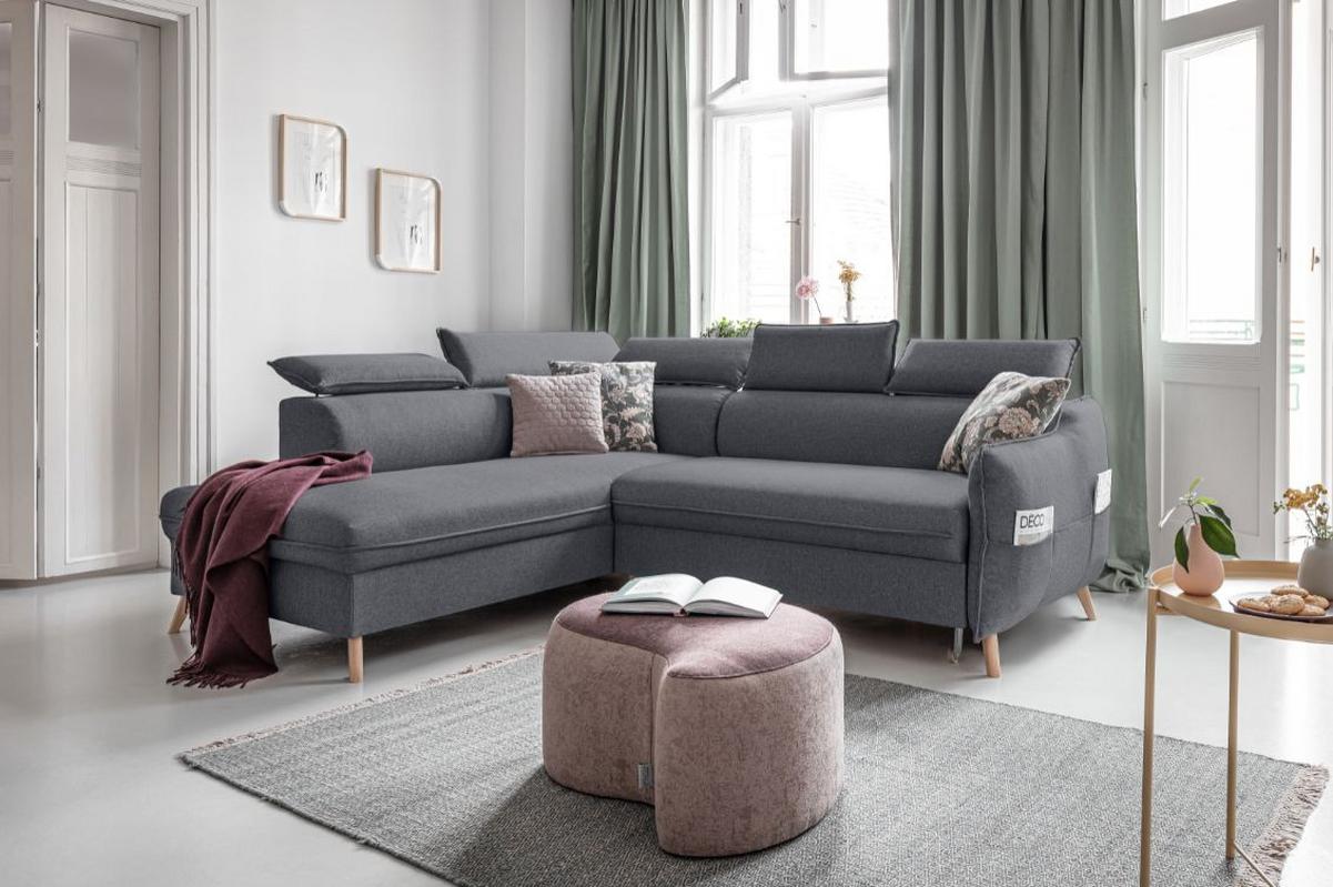 Rozkládací sedačka Simone, levé provedení - šedá/přírodní barvy, Moderní, dřevo/textil (253/82/95/208cm)