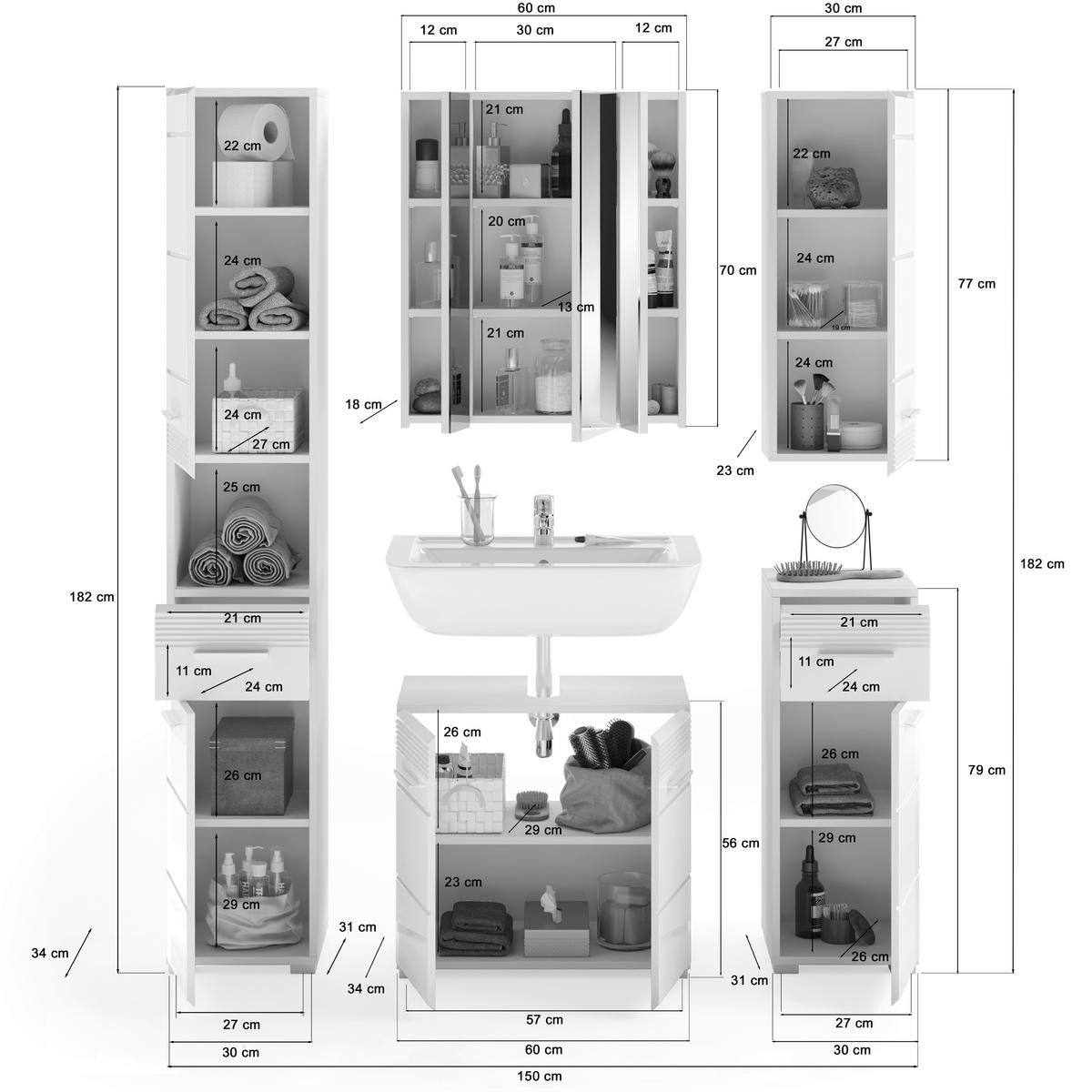 Badezimmer Linus Weiß Hochglanz B: 120 cm - Weiß Hochglanz/Silberfarben, MODERN, Glas/Holzwerkstoff (120cm) - MID.YOU
