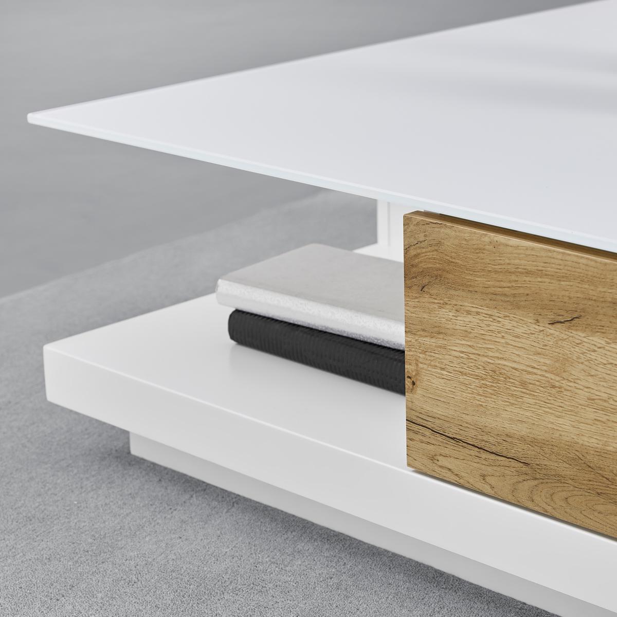Konferenční stolek NEVIO bílá/dekor dub - bílá/barvy dubu, Moderní, sklo (85/85/30cm) - Bessagi Home