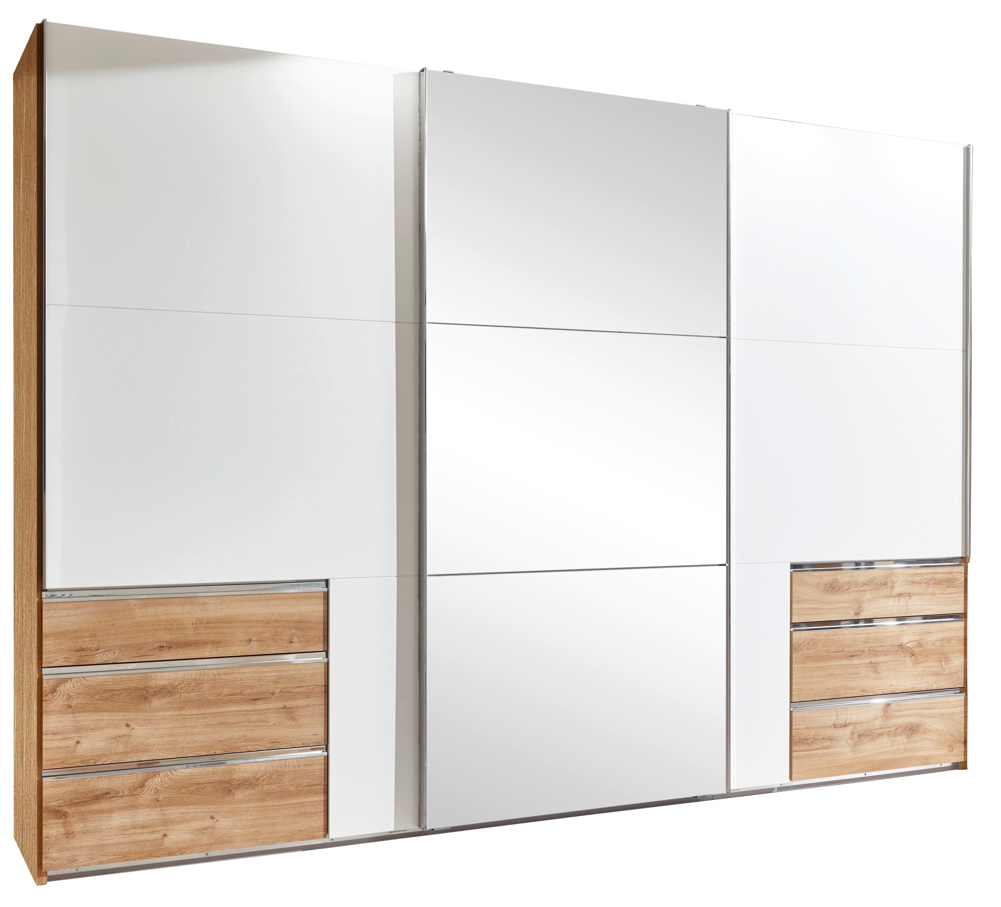 Schwebetürenschrank Mit Spiegel + Laden 300cm Level 36a, Weiß - Eichefarben/Silberfarben, MODERN, Glas/Holzwerkstoff (300/216/65cm) - MID.YOU