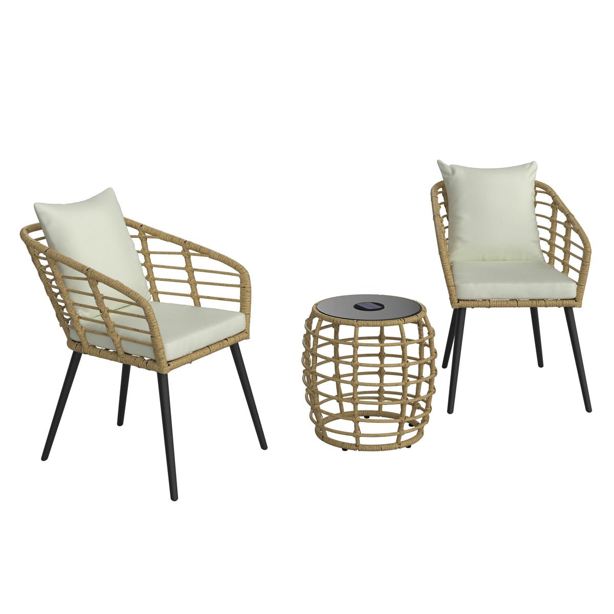 Balkonmöbel Set Sun Metall/ Kunststoff mit Kissen - Beige/Schwarz, MODERN, Glas/Kunststoff (56/72/66cm) - Beldano