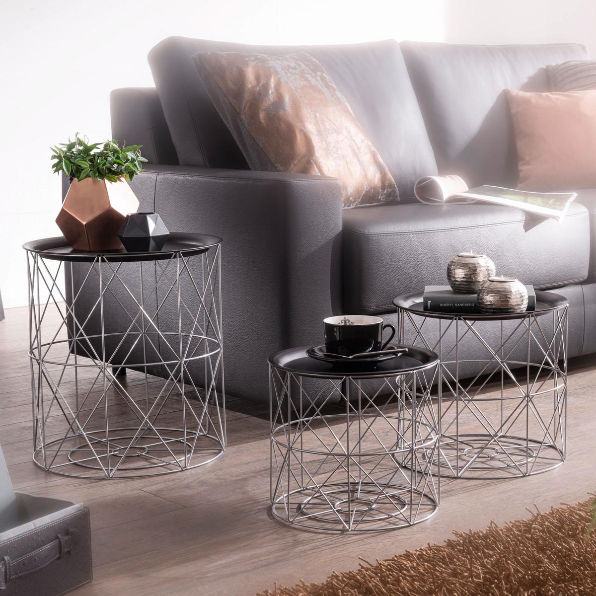 Couchtisch rund abnehmbare Tischplatte 3er-Set, Schwarz - Silberfarben/Schwarz, MODERN, Metall (40/40/45cm) - MID.YOU