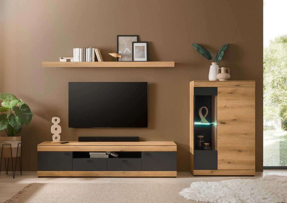 Wohnwand Soleto Graphit/Eichefarben B: 300cm - Eichefarben/Schwarz, Design, Glas/Holzwerkstoff (300/170/45cm) - MID.YOU